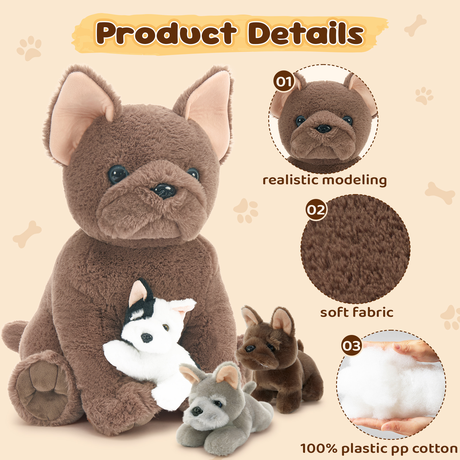 MorisMos French Bulldog Stuffed Animal with 3 Babies