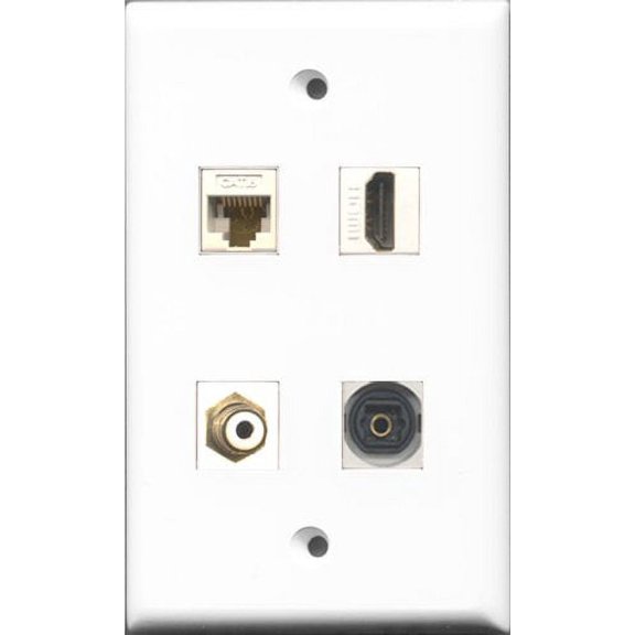 RiteAV 1 Port HDMI and 1 Port RCA White and 1 Port Toslink and 1 Port Cat6 Ethernet White Wall Plate