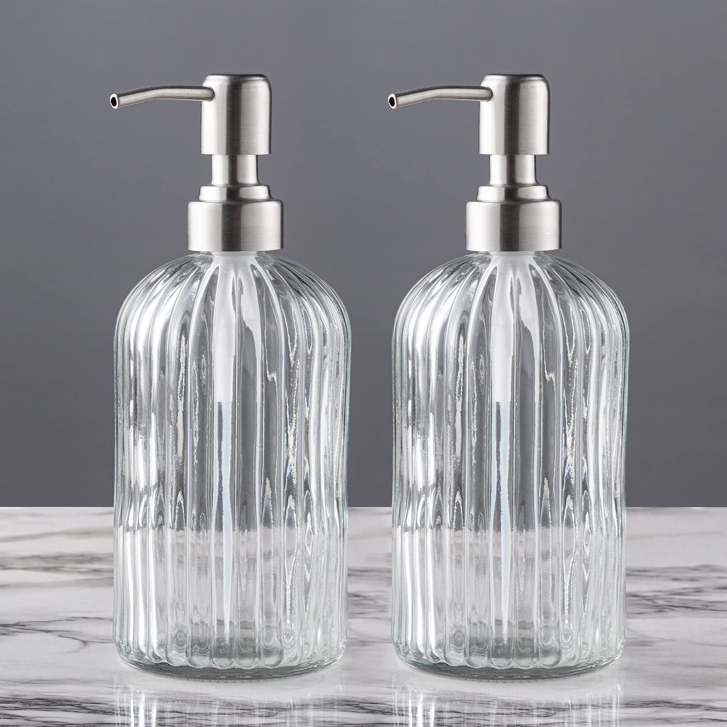 2 Pack Glass Hand Soap Dispenser for Bathroom Kitchen 14 Oz Vertical