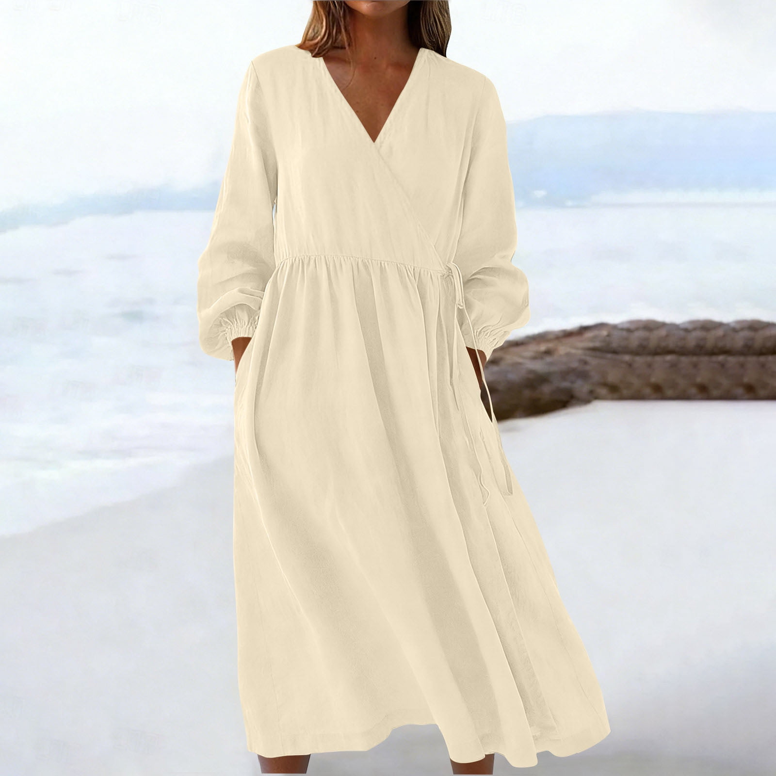 Sentmoon Linen Dress Women Summer 2026 Soft and Comfortable Solid Color V Neck Plus Size Sun Dress Stretchy Regular Fit for Lounge and Relax Beige L