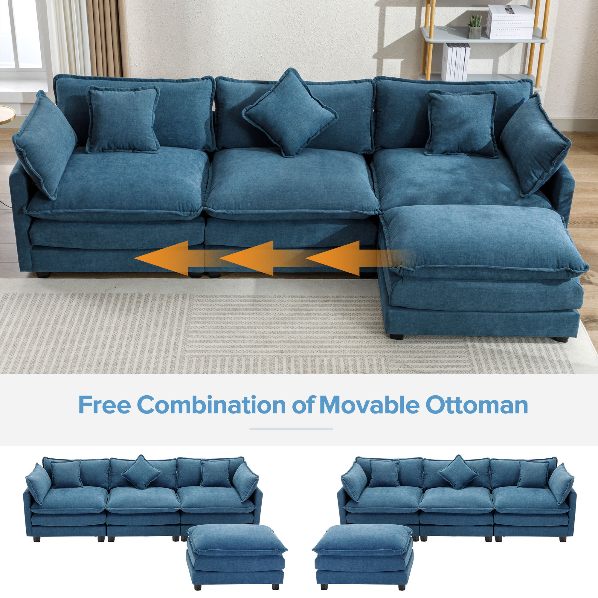 EUROCO 112.2" Modern L-Shape Sectional Sofa Couch, Chenille Upholstered Sofa with Ottoman and 5 Pillows, Indoor furniture for Living Room, Blue