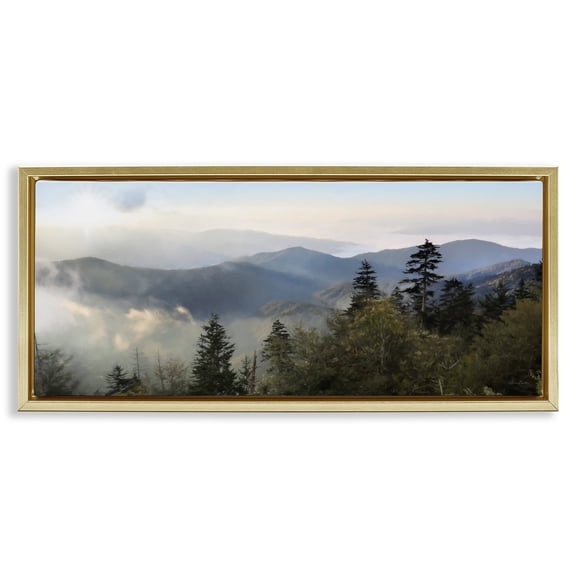 Stupell Industries Panoramic Cloudy Mountainous Nature Landscape Photography Gold Floater Framed Canvas Art Print Wall Art, 31 x 14
