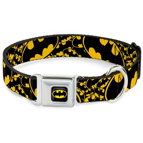 DC Comics Pet Collar, Dog Collar Metal Seatbelt Buckle, Bat Signals Stacked Close Up Yellow Black, 13 to 17 Inches 1.5 Inch Wide