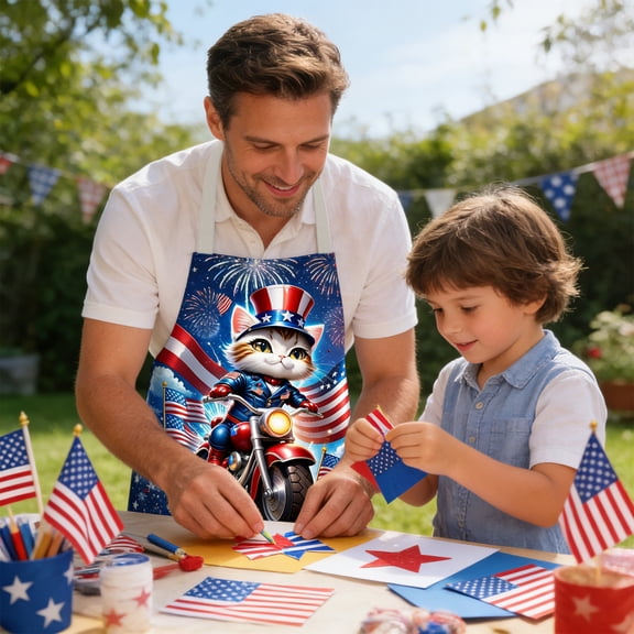 Independence Day Apron, Patriotic Blue Kitchen Cooking Bib, Pre-Shrunk Cotton Linen Adjustable Neck, Stain Resistant Chef Uniform for 4th of July, Memorial Day, and BBQ Party