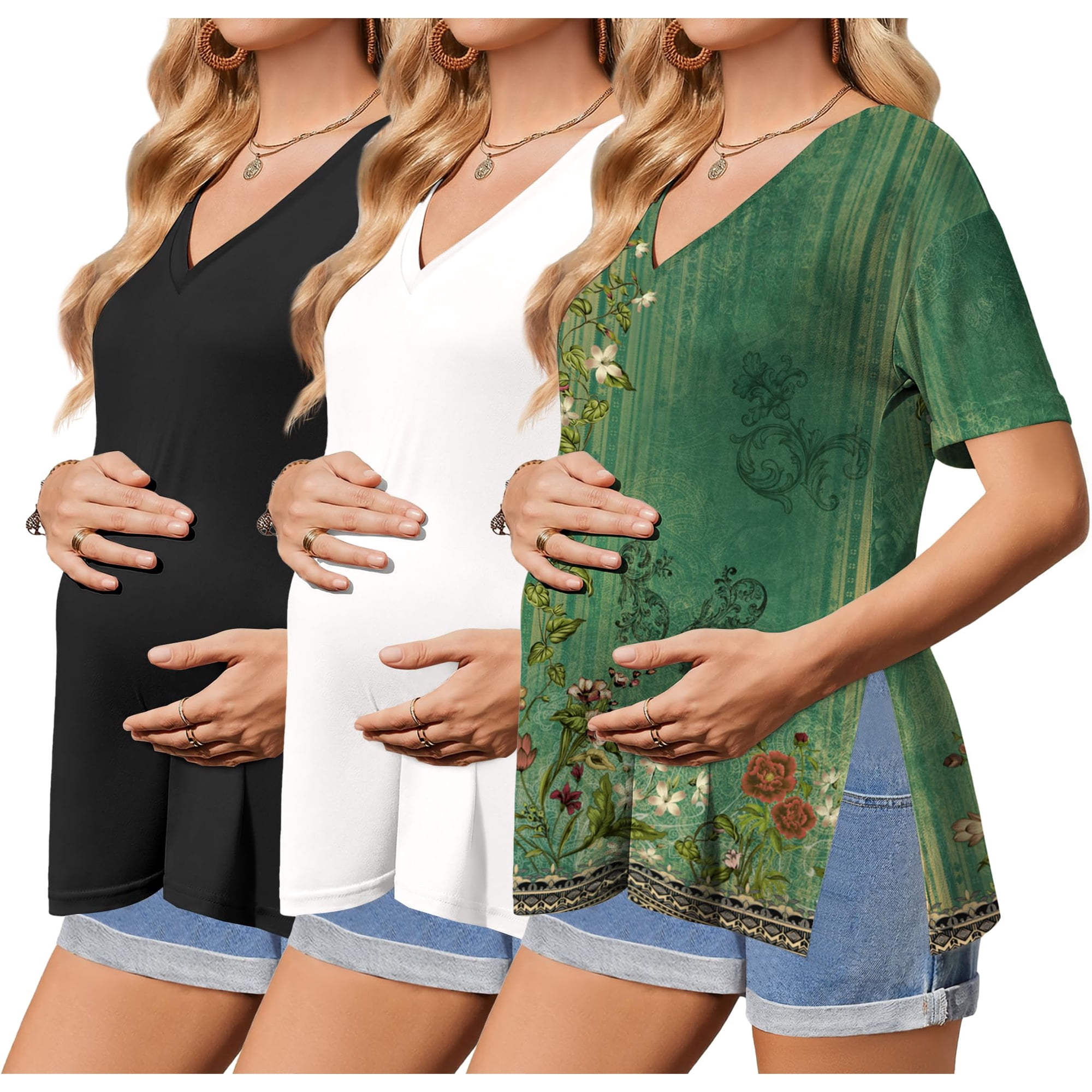 Ekouaer 3 Packs Women' Maternity Tops Short Sleeve Side Split Pregnancy Shirts Casual V Neck Pregnant Tees Mama Clothes Black/White/Brown