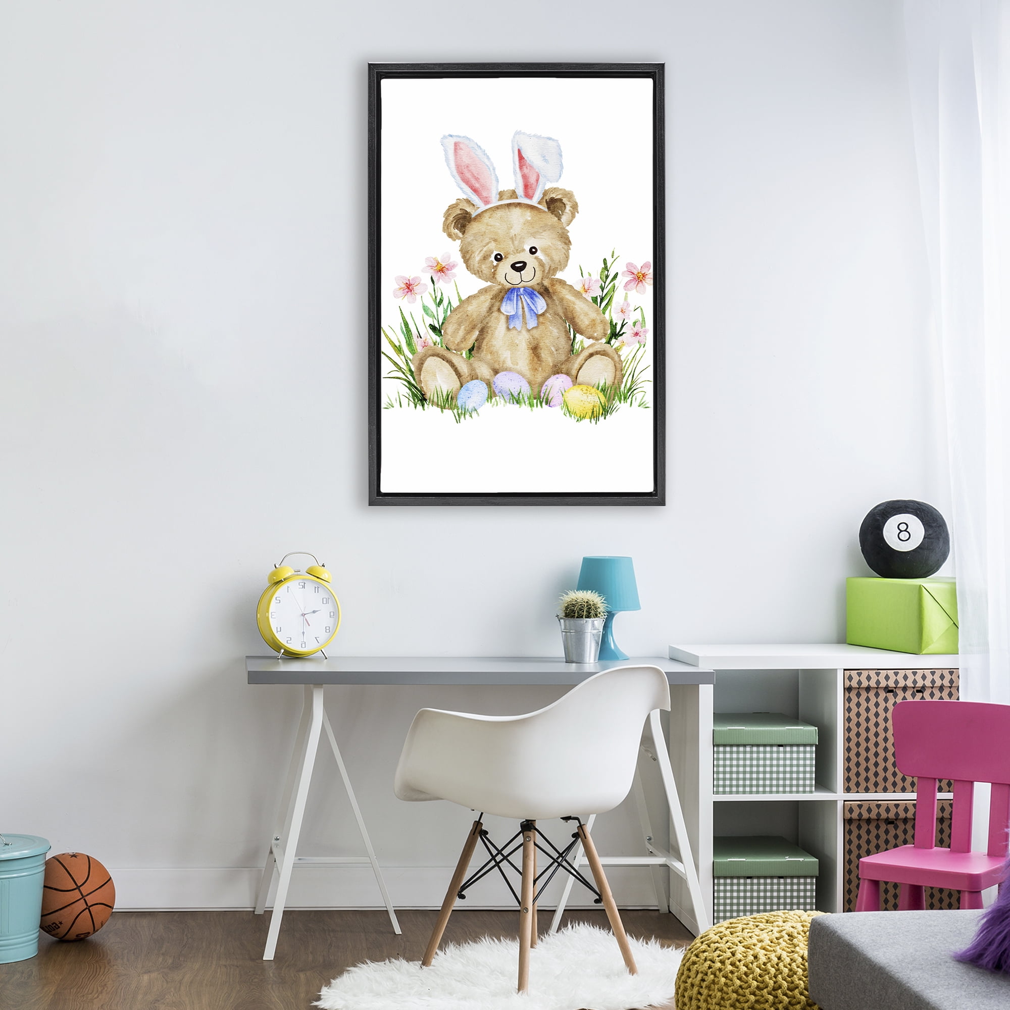 Springy Easter Teddy Bear Black Framed Floater Canvas Wall Art, design by Amy Hall