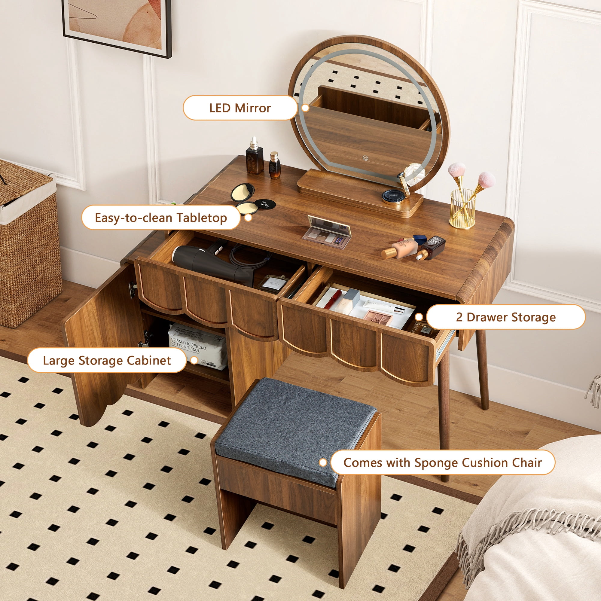 Wirrytor Makeup Vanity Set with Mirrors and Light, Vanity Set with Cushion Chair, for Adult, Stools for Vanity Table, with 2 Drawers and 1 Storage Cabinet, Wave Panel ,Walnut