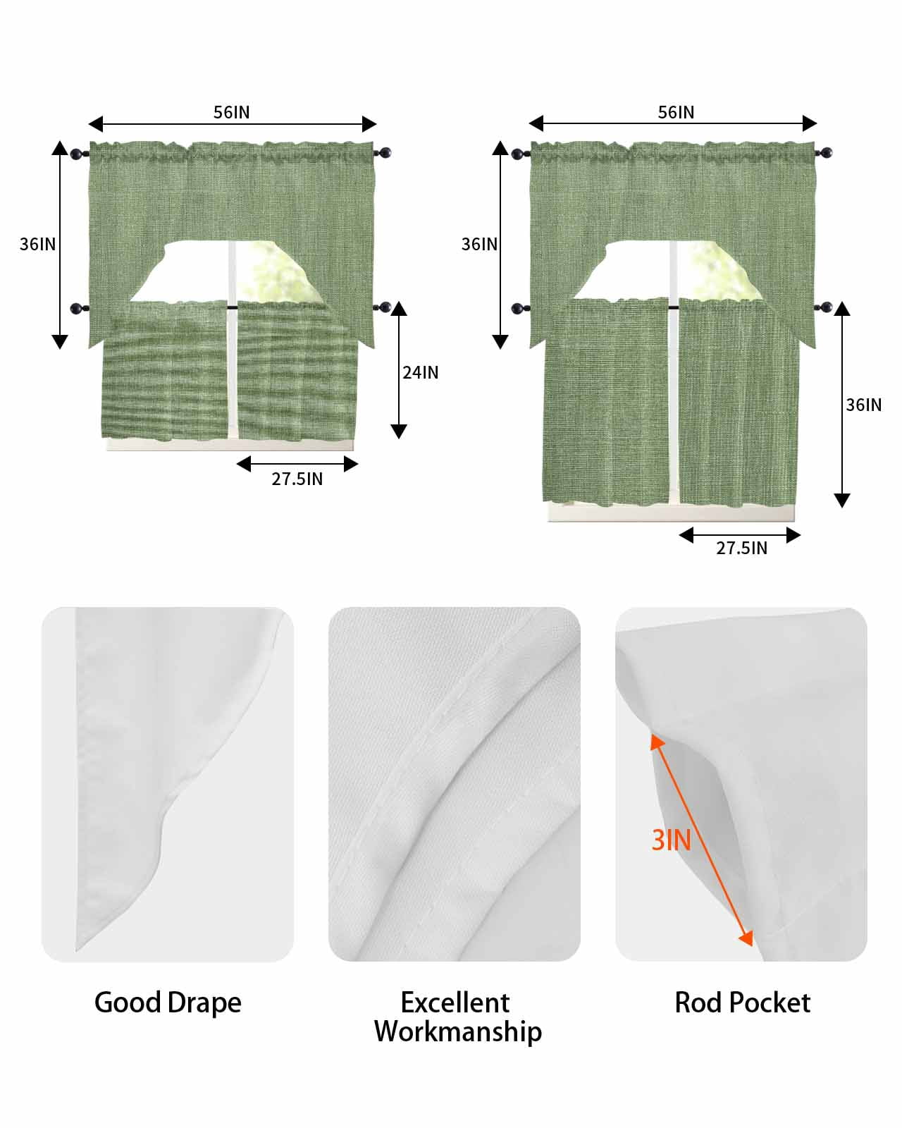 Vintage Forest Green Kitchen Curtains Swag Valance and Tier Curtains Set 24 Inch Length, Farmhouse Retro Solid Color Linen Texture Rod Pocket Drape Panels Pair Swag Curtains for Bathroom/Cafe/Window