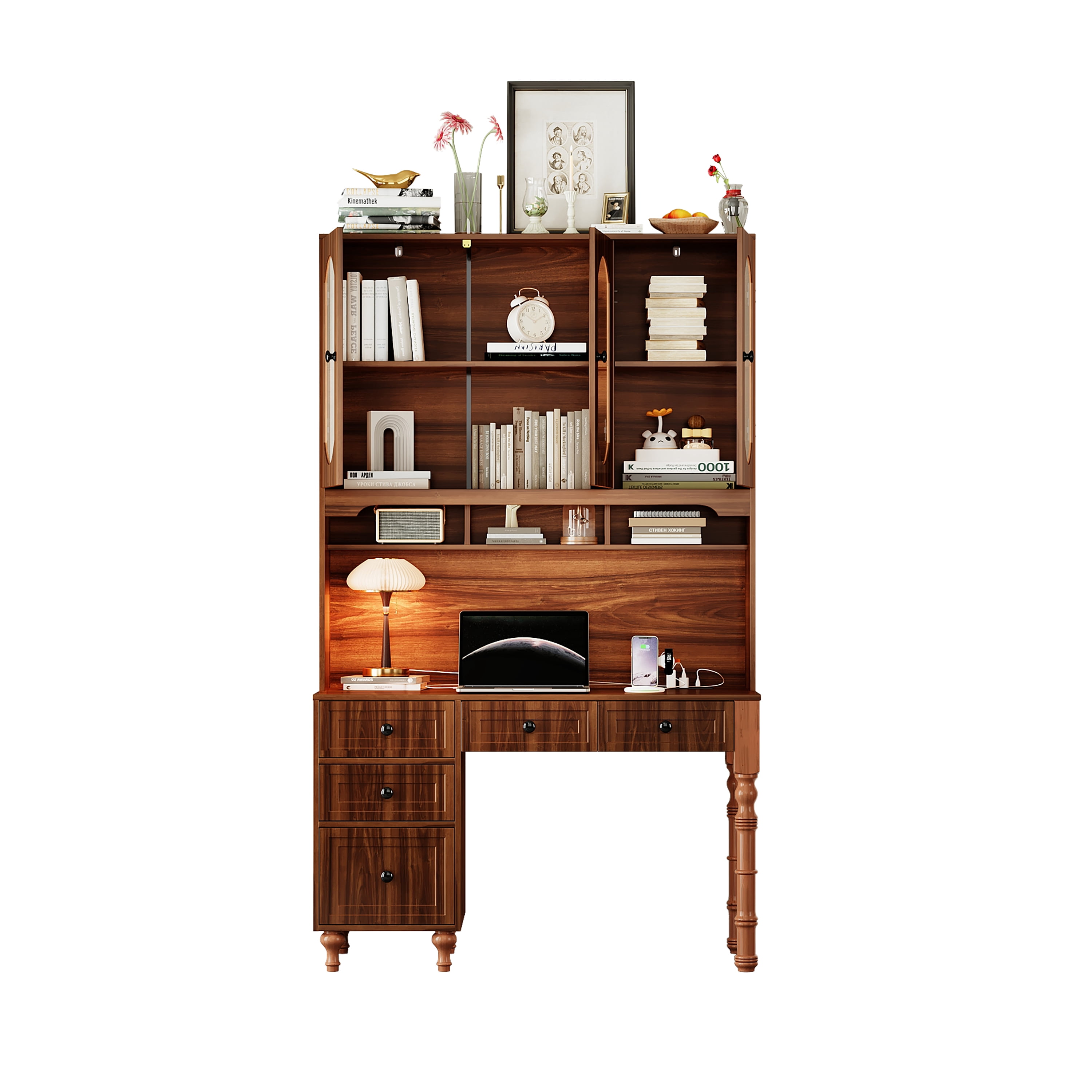 Yoneston 47" Retro Bookcase Desk with Charging Ports and Hutch Cabinet & 5 Drawers, Computer Desk for Home Office Bedroom, Walnut