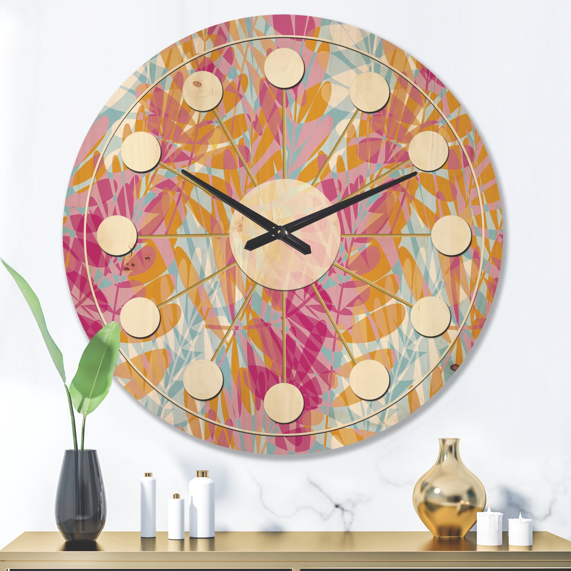 Designart 'Floral Retro Pattern XI' Mid-Century Modern Wood Wall Clock