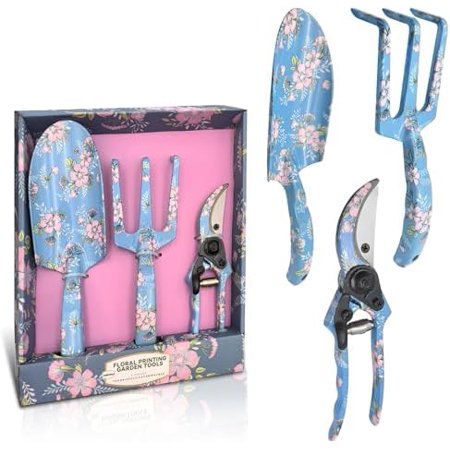 3piece Printed Garden Tool Set Heavy Duty Aluminum Gardening Tool Kits Including Hand Rake Pruning Shear and Trowel for Indoor & Outdoor Use Ergonomic Handle Perfect Gardening Gift