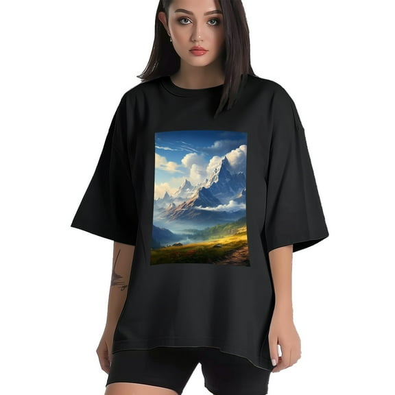 Plus Size Shirt for Women Black Tops for Women Short Sleeves Shirt for Women Mountainous (13) T Shirt Crewneck Shirt for Women XS