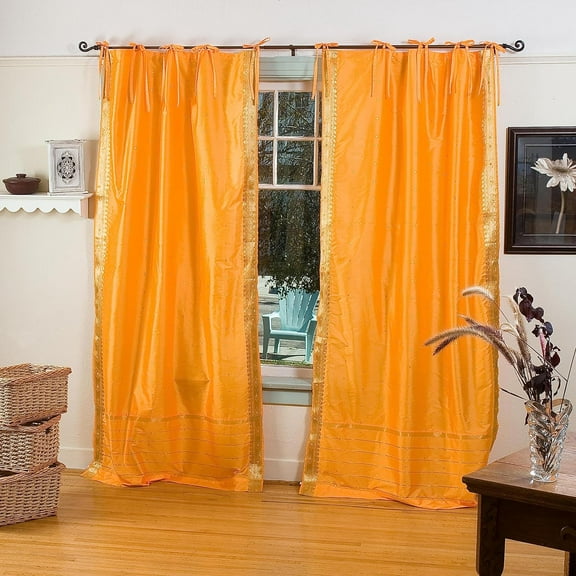 Lined Tie Top Sari Curtains 43" W X 24" L matching tiebacks- Handcrafted Pumpkin Indian Drapes with Lining, Offering Privacy and Insulation for Living Room/Bedroom/Dining Room, Sold in Pairs