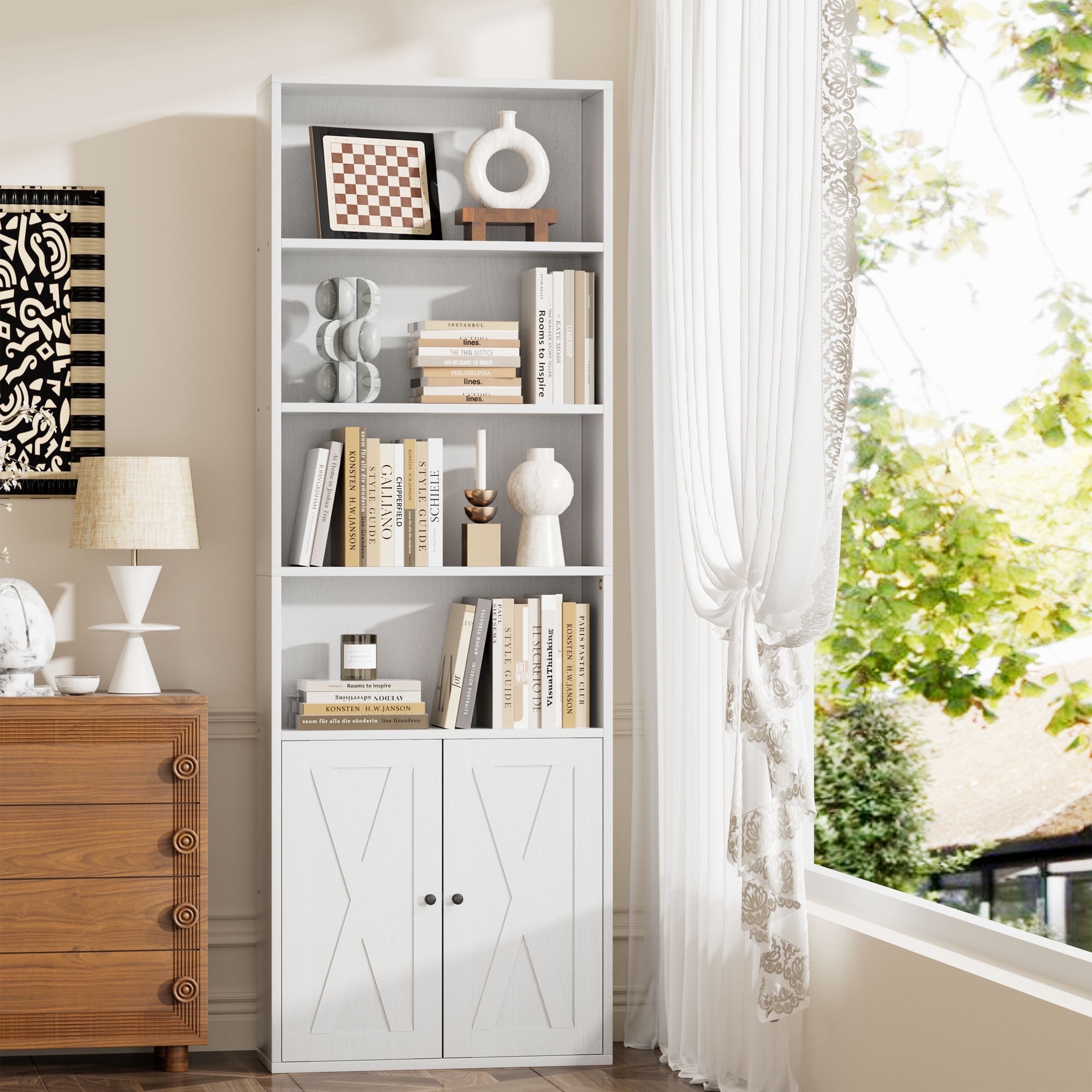 Walsunny Bookcase with Doors, 6-Tier Bookshelf with Storage, Farmhouse Bookshelves with Cabinet, Storage Display Shelf for Living Room Home Office, White