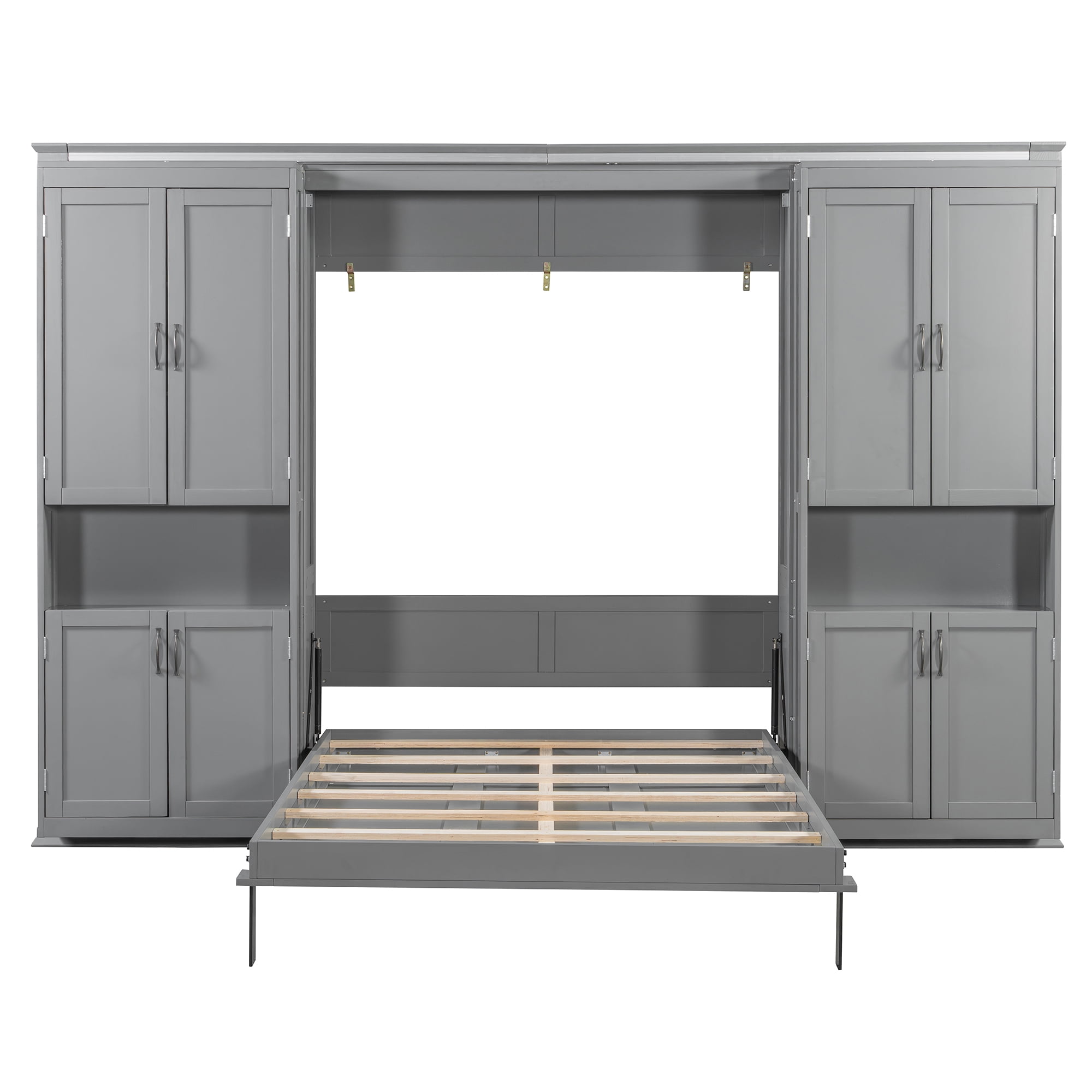 Full Size Murphy Bed with Dual Sliding Storage Cabinets, 6-Tier Open Shelves, Space-Saving for Small Space, Guest Room
