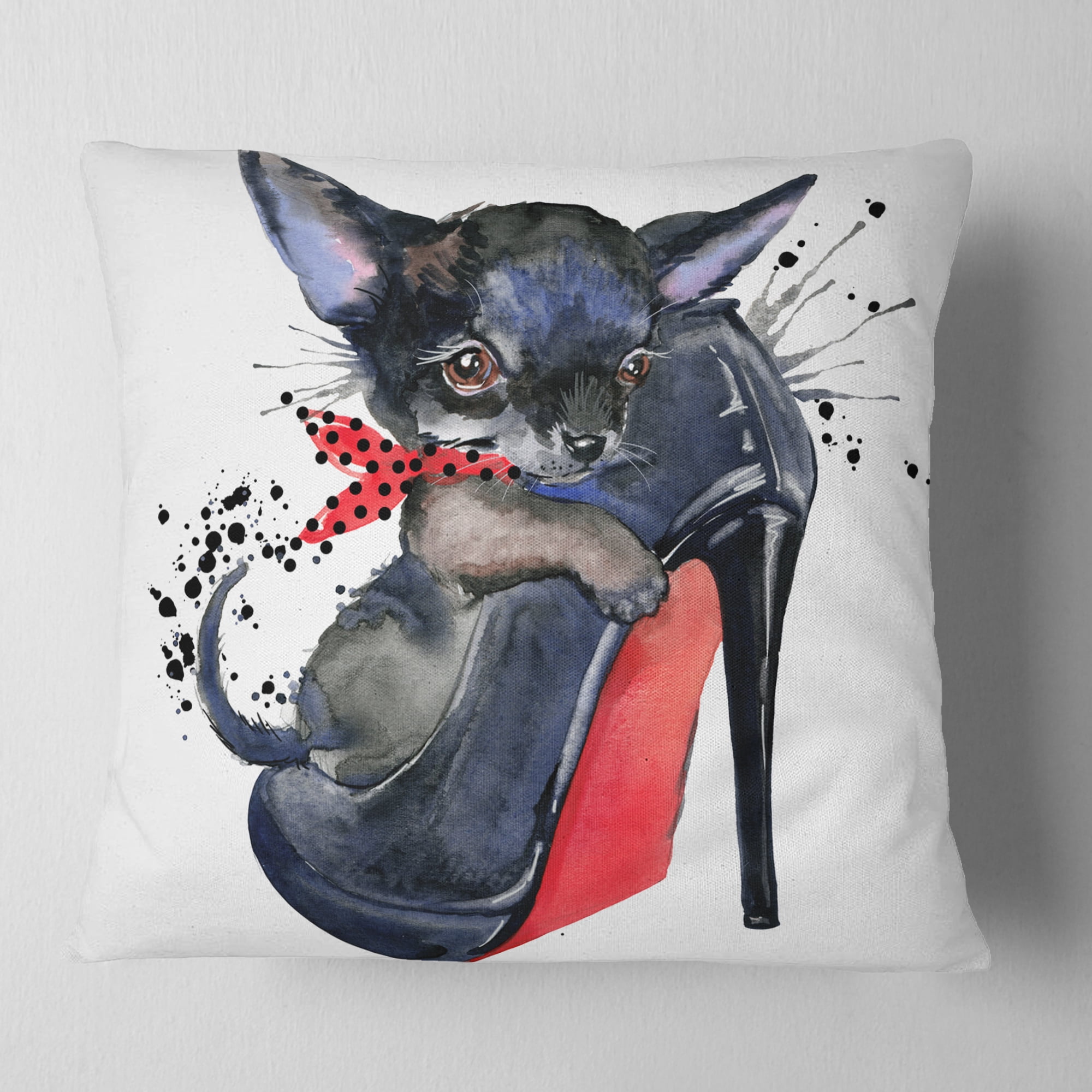 Designart Cute Dog over Large Heeled Shoe - Animal Throw Pillow - 18x18