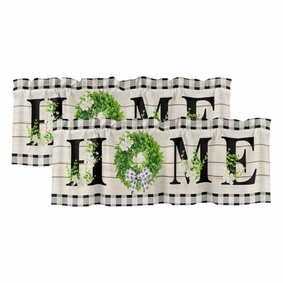 Rustic Home Curtain Valances for Windows, Kitchen Valance Window Treatments Panel 2 Pack, Eucalyptus Leaves Floral Wooden Buffalo Plaid Rod Pocket Short Curtains for Bathroom Bedroom 60 x 18 Inch