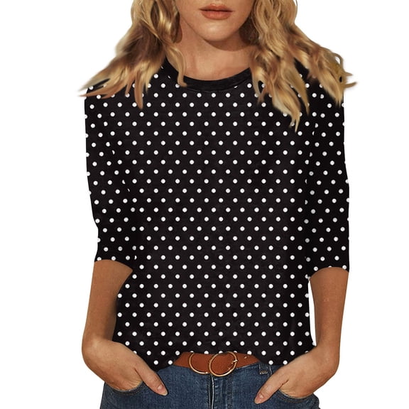 Elowen Womens 3/4 Sleeve Summer Tops Crew Neck Polka Dot Casual Blouses Black M