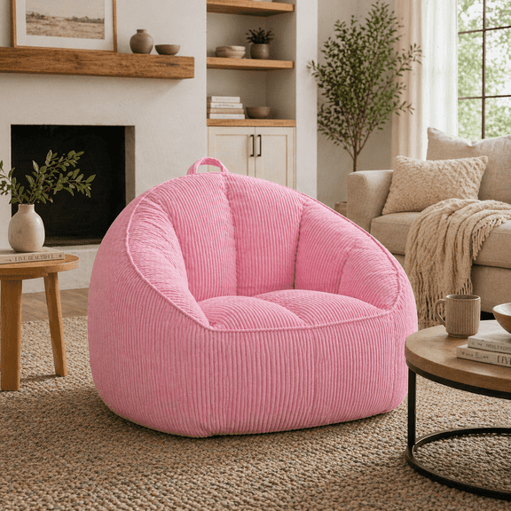 Hosnnlie Pink Large Corduroy Bean Bag Chair, Ergonomic Design with Armrests, Breathable Fabric, for Cozy Corner Decor & Lounge