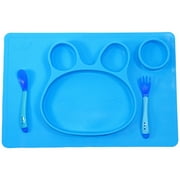 Sunology Mess Control 100% Silicone Bunny Shaped Plate with Utensils - Blue