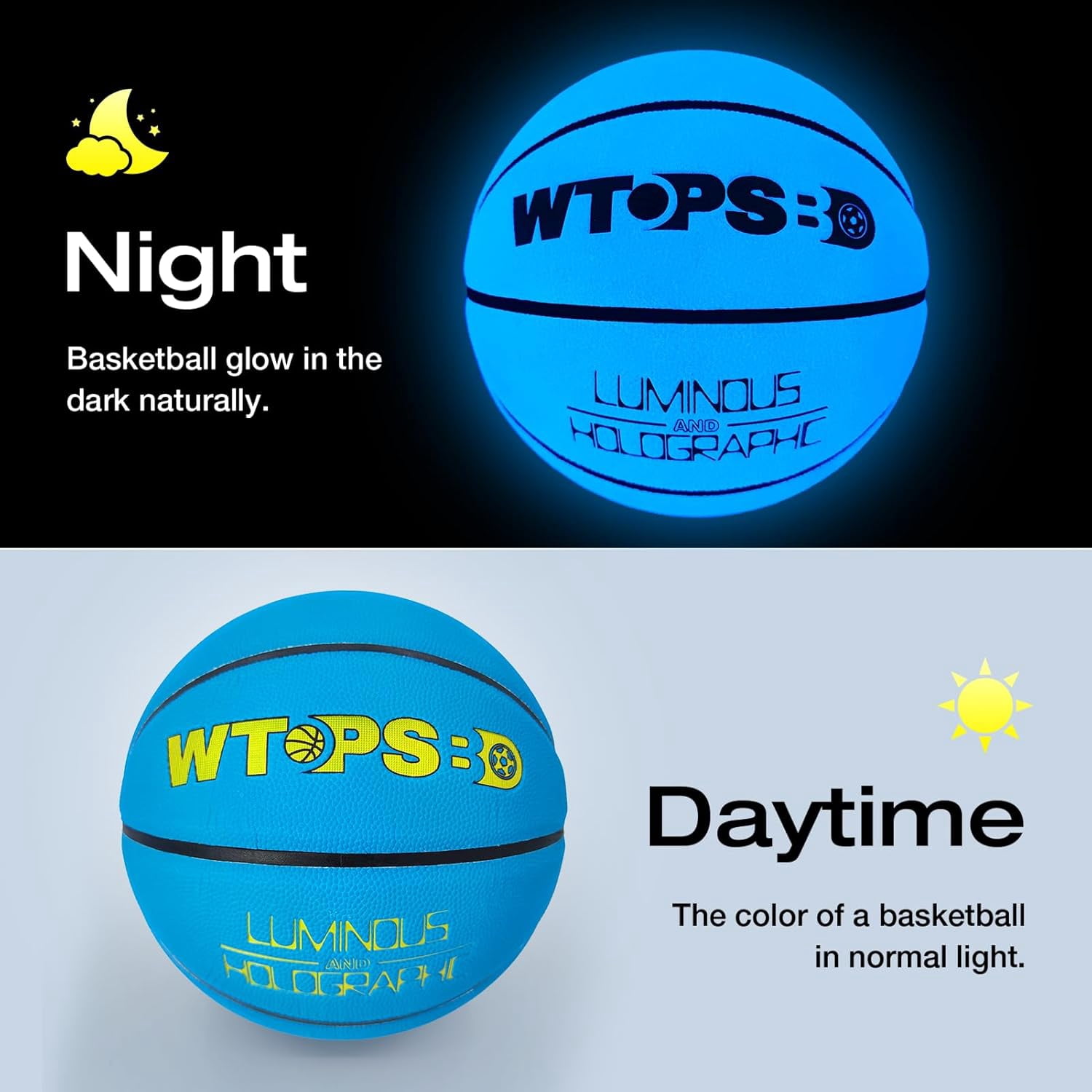 Glow in The Dark Basketball, Cool Glowing Luminous Basketball with Pump and Bag Indoor Outdoor PU Leather Basketballs Size 5/6/ 7