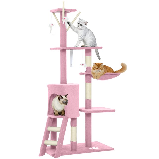PawHut 53" Cat Tree Tower with Condo, Large Kitten Activity Centre, Pink