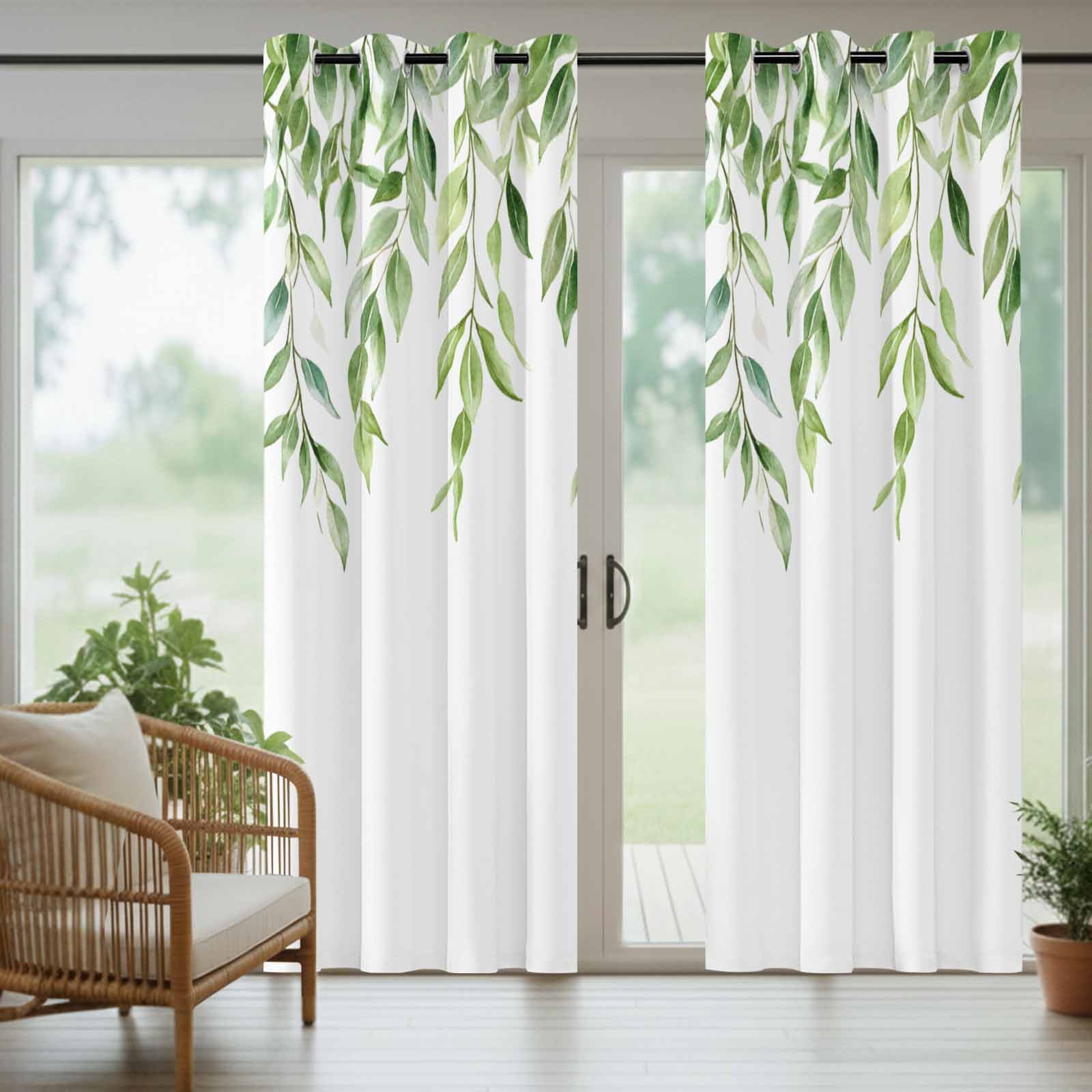 Outdoor Curtains for Patio Waterproof, Green Vines Windproof Pravicy Outside Porch Blackout Curtain, Spring Botanical Plants Leaves Farmhouse Sun Blocking Grommets Curtains for Cabana Gazebo 54"x108"