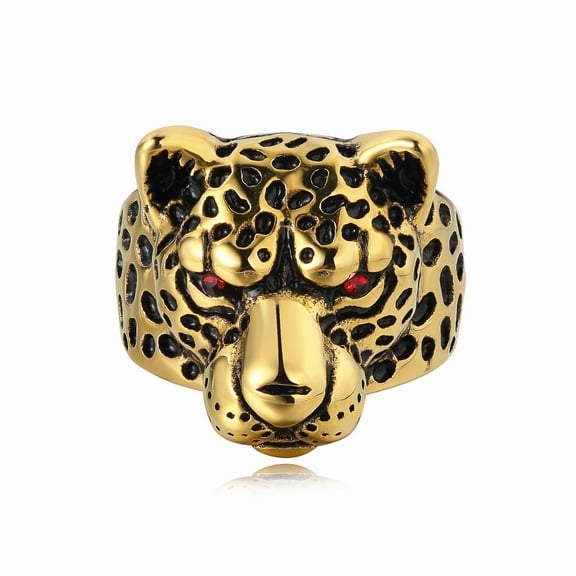 MayiaHey Gold Leopard Head Ring, Hip Hop Leopard Animal Biker Ring for Men, Black Spotted Leopard Ring Red Eyes Leopard Jewelry, Wild Leopard Head Ring Punk Leopard Head Animal Ring