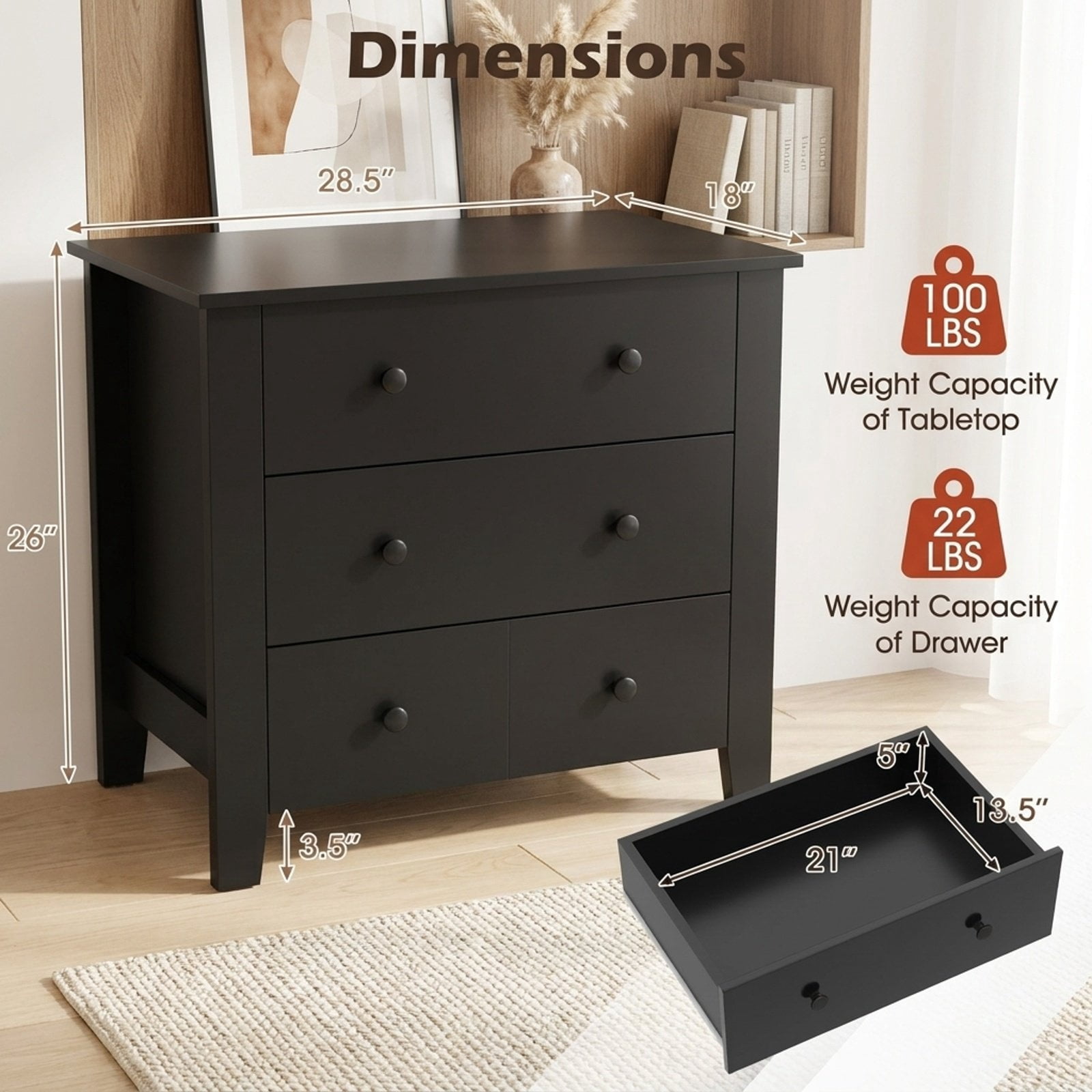 Furnibear 3 Drawer Dresser Chest of Drawers Bedside Table, Wood Grain, for Bedroom Closet Living Room Nursery Clothes Storage, Dark Brown