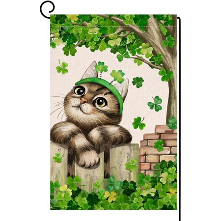 XIAOBIN St. Patrick s Day Cat Garden Flag 12x18 Vertical Double Sided Green Cover Shamrock Spring Farmhouse Holiday Outside Decorations Burlap Yard Flag BW800