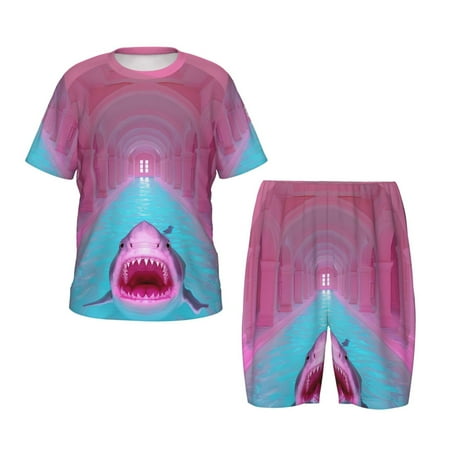 Luyuia Pink Shark Pool Fantasy Print Girls  2-Piece Tie-Dye Pajama Set  Cute Summer Loungewear with Shirt and Tank Shorts Nightwear-Small