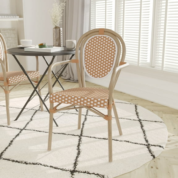 Emma   Oliver Indoor/Outdoor Stacking Thonet Bistro Style Chair with Arms, Natural & White PE Rattan Seat and Lt Natural Bamboo Finished Metal Frame