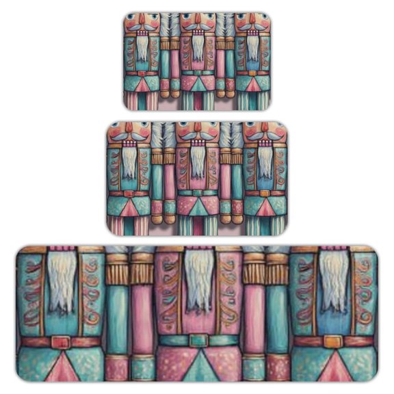 RKSupls Kitchen Rug Set 3 Piece Anti-Slip Flannel Floor Mats, Pastel Nutcrackers Washable Absorbent Runner Mats for Kitchen Bathroom Home Decor