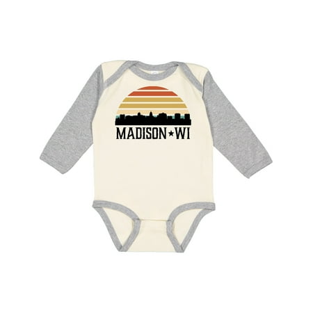 

Inktastic Madison Wisconsin Skyline Retro Sunset Gift Baby Boy or Baby Girl Long Sleeve Bodysuit