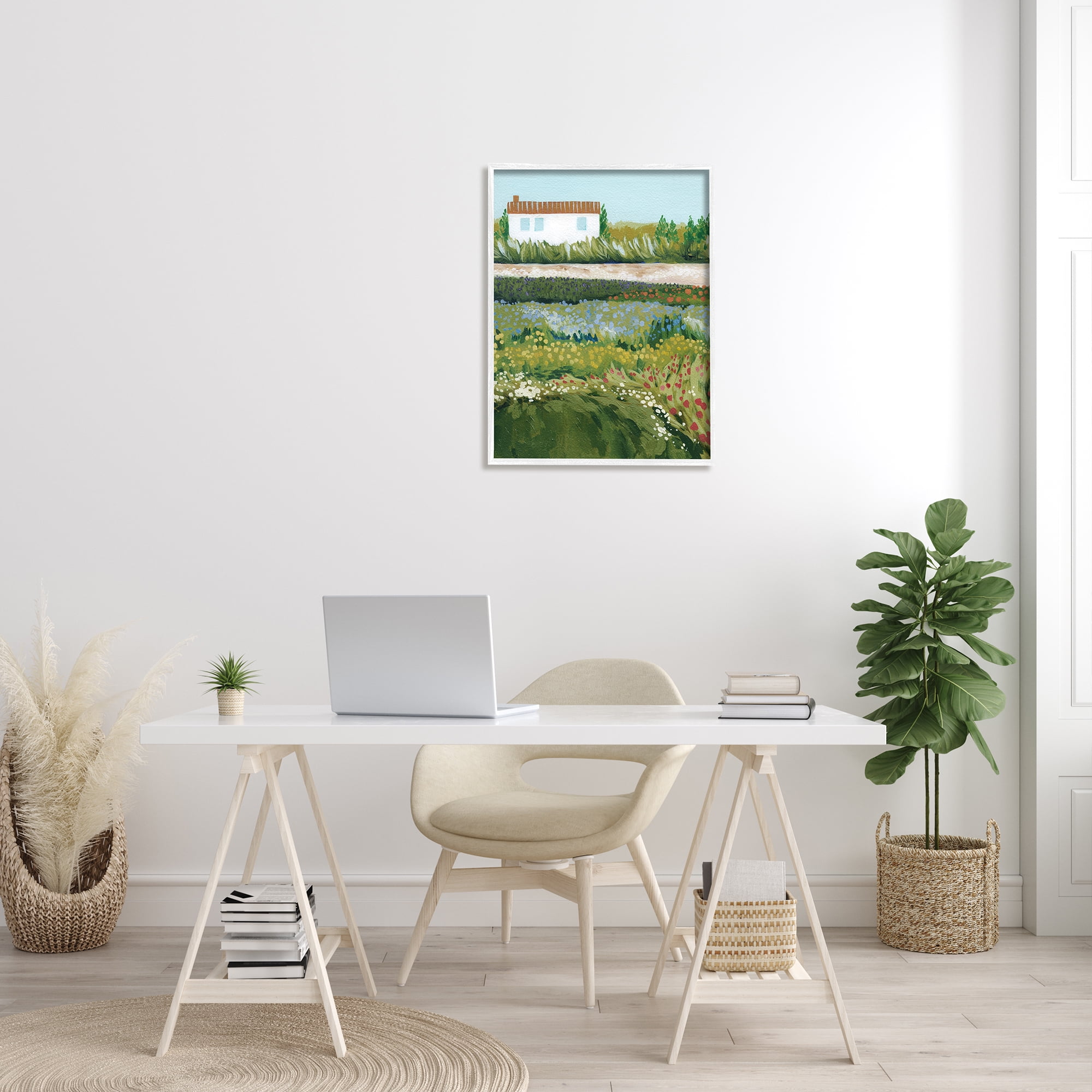 Stupell Rural Cottage Wildflowers Blooming Landscape Painting White Framed Art Print Wall Art