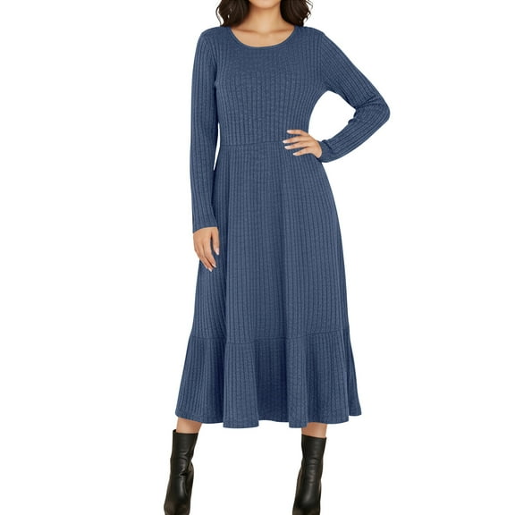 BSDJILFG Fall Dresses for Women with Pockets,Formal Casual Sweater Dress,High Waist Long Sleeve Ribbed Knit Crewneck Bodycon Long Maxi Dress