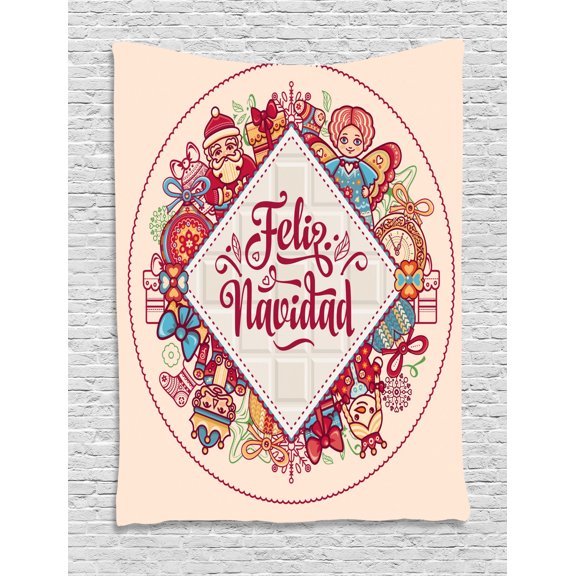 Spanish Tapestry, Christmas Elements and Celebration Theme Feliz Navidad Message in Spanish Language, Wall Hanging for Bedroom Living Room Dorm Decor, 40W X 60L Inches, Multicolor, by Ambesonne