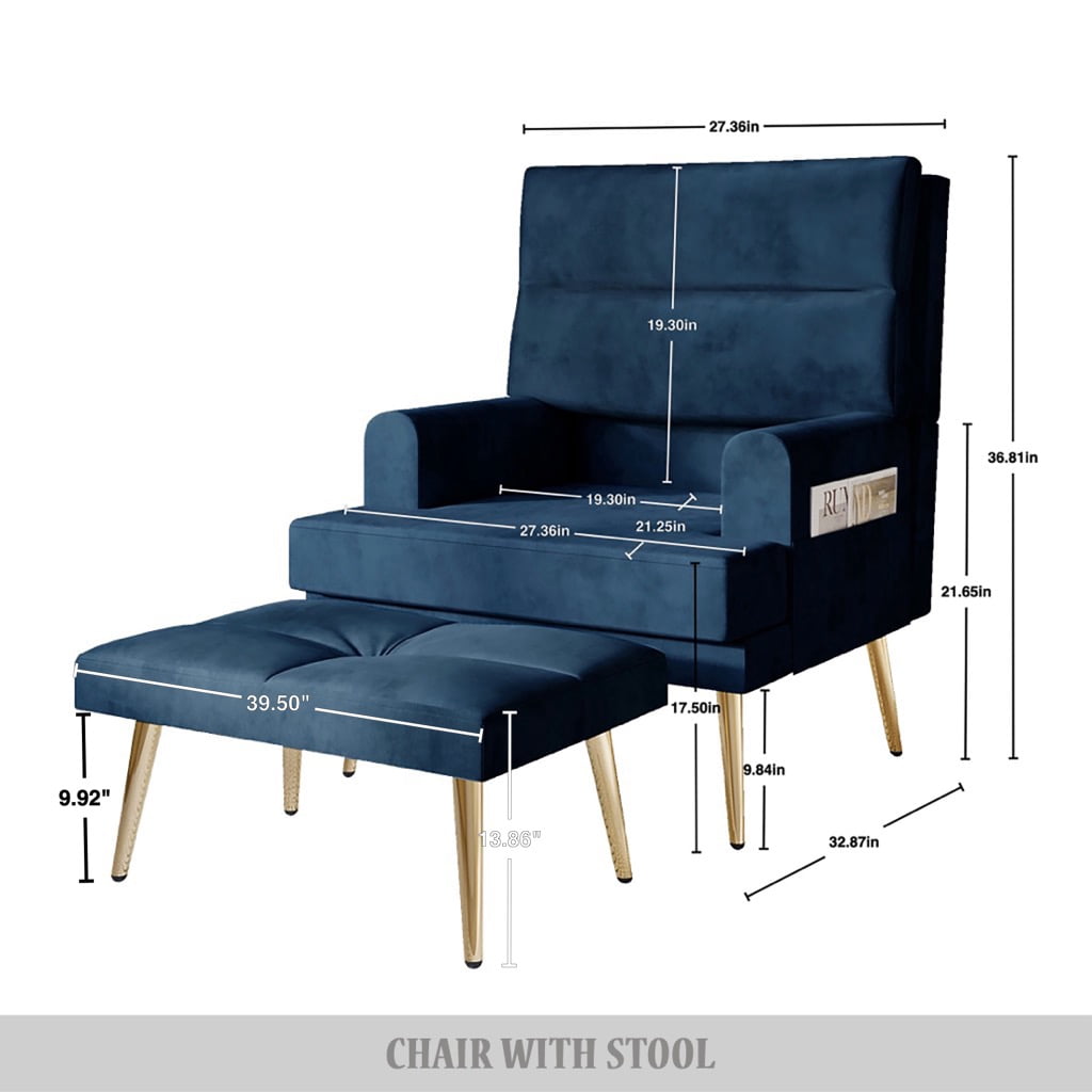 Castle Place Luxury Upholstered Velvet Accent Chair with Ottoman, Silver Grey