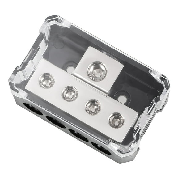 4 Way Power Distribution Block 2 Gauge in 4 Gauge Out Power Ground Distributor for Audio Splitter Silver Tone