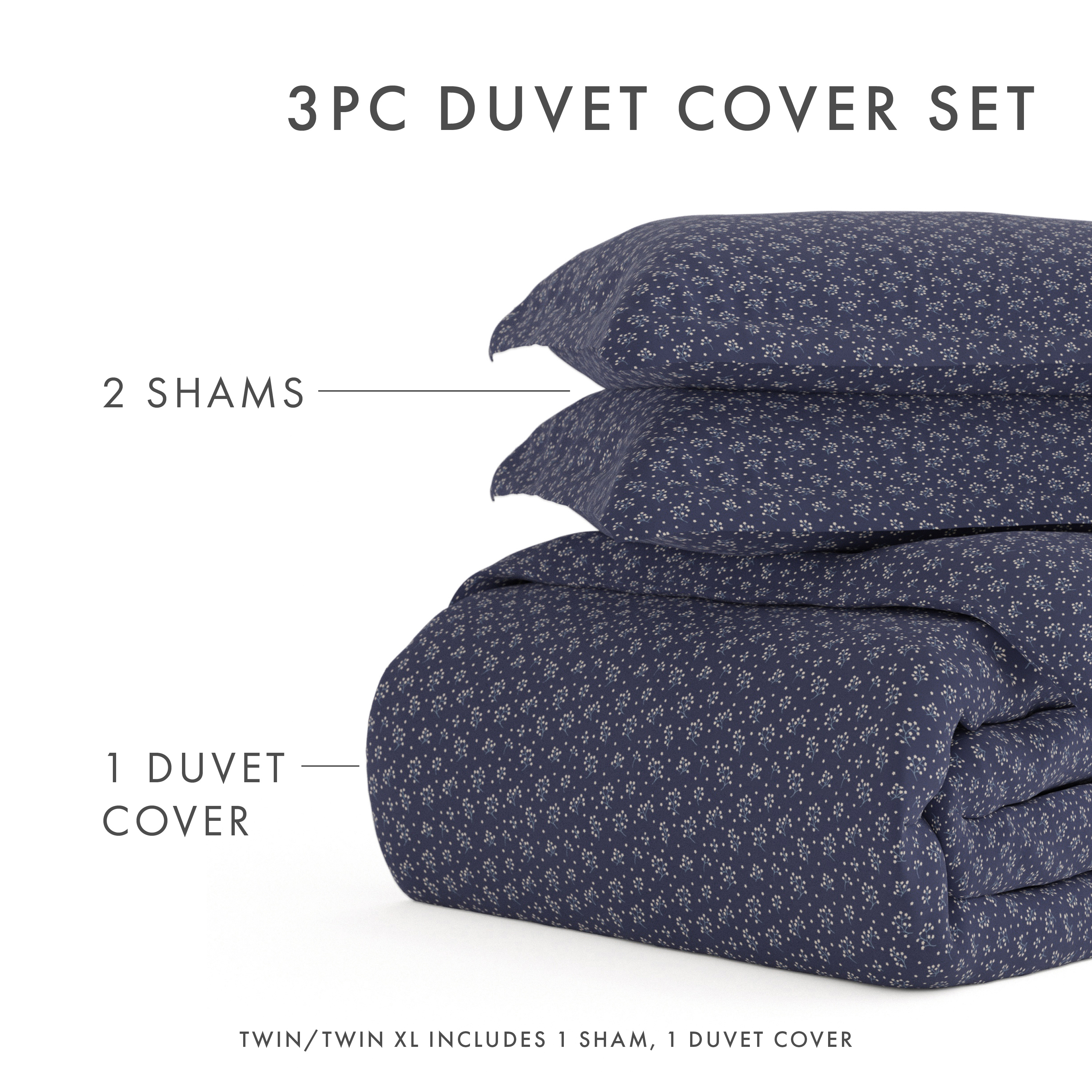 Noble Linens Navy Midnight Blossoms Pattern 2-Piece Duvet Cover Set, Twin/TwinXL