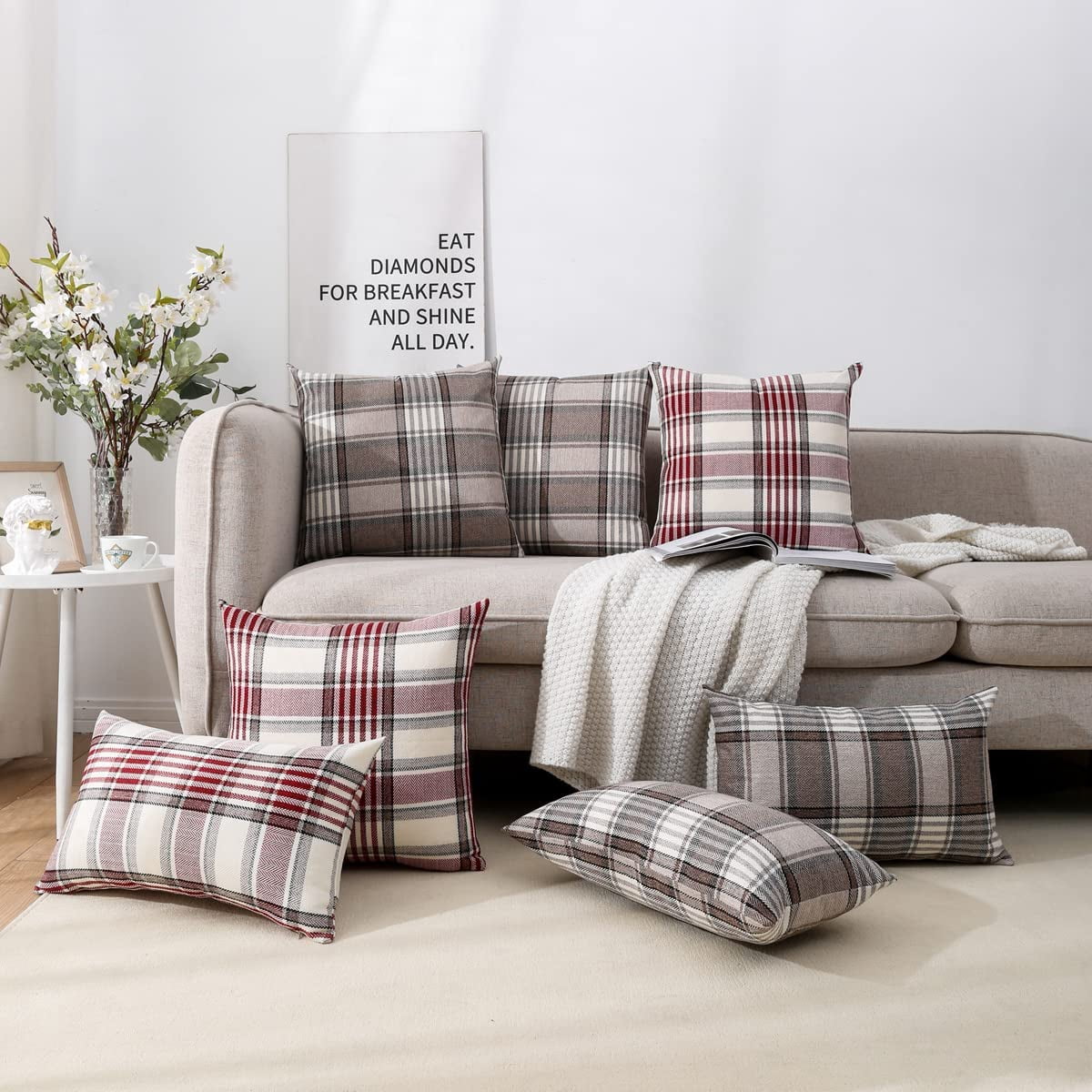Brown Tartan Plaid Lumbar Pillow Cover 12x20 Set of 2 Farmhouse Buffalo Plaid Brown Striped Lumbar Throw Pillow Cover for Living Room Couch Sofa