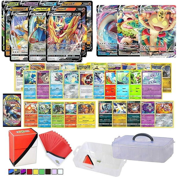 Totem World Pokemon V & VMAX Card Guaranteed with Booster Pack, 5 Rare Cards, 5 Holo/Reverse Holo Cards, 20 Regular Pokemon Cards, Totem Collectors Storage Case, Deck Box and 100 Sleeves