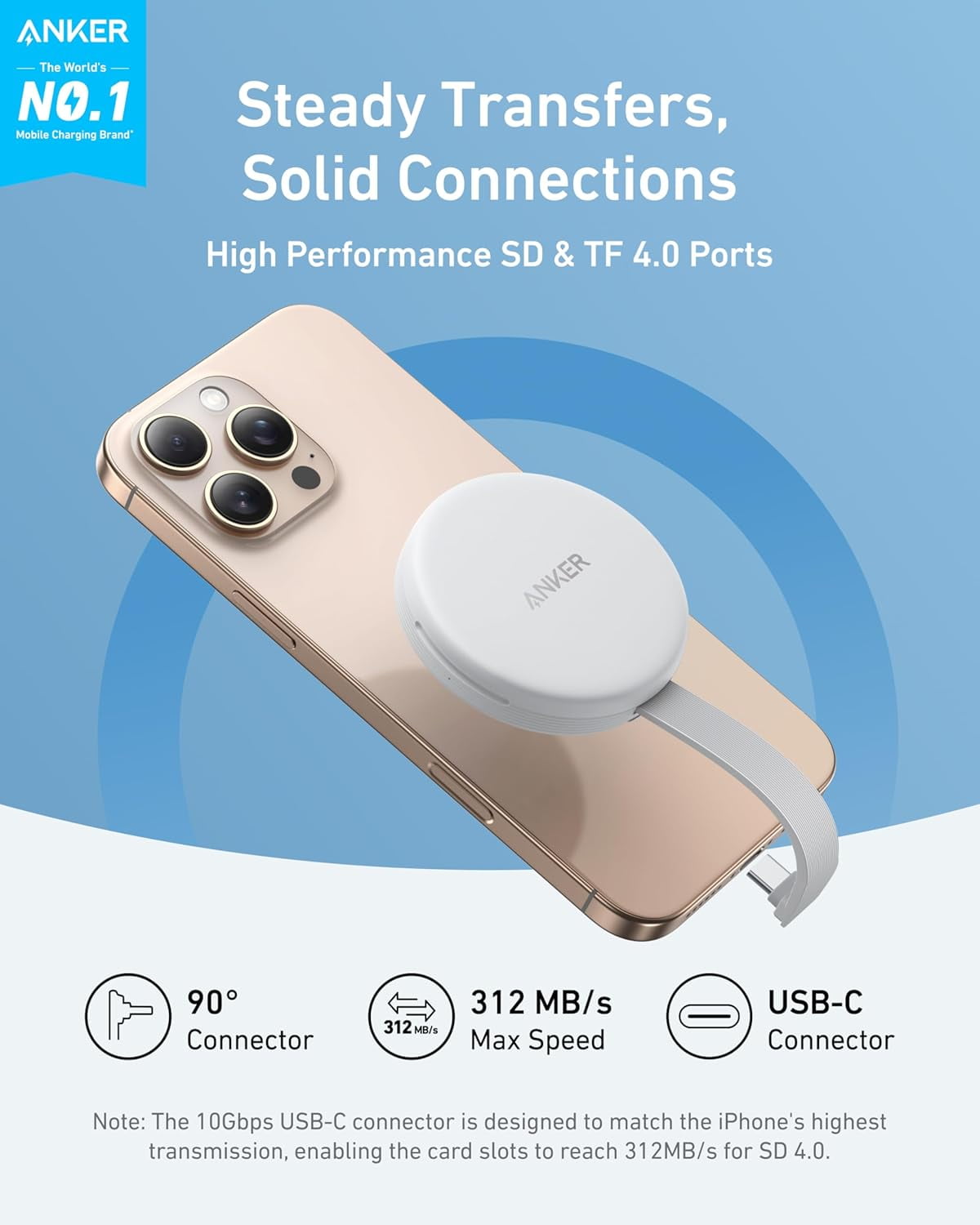 Anker MagGo USB-C Adapter, SD Card Reader for iPhone 16/15 Series, Portable Magnetic Memory Card Reader with Built-in Cable, Slot for SD&TF, 312MB/s Max Data Transfer forUSB C Devices(White)
