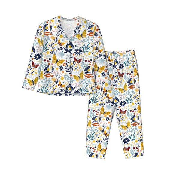 Logiee Flowers Butterfly Print Womens Pajamas Set,Long Sleeve Sleepwear,Button Down Lounge Set 2 Pieces,Soft Nightwear Pjs Set-