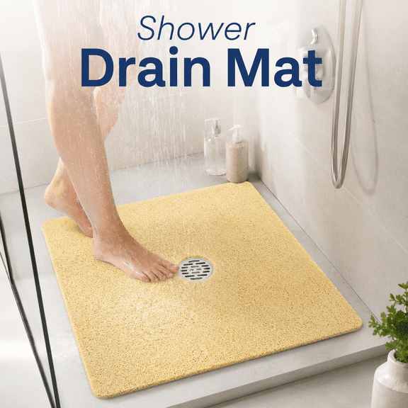 MORAVE 24x24 Inch Beige Square PVC Loofah Shower Mat, Non Slip Quick Dry Bath Stall Floor Mat with Drain Holes, No Suction Cups