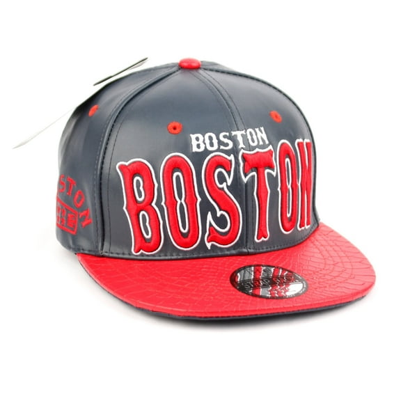 Boston Massachusetts Faux Leather Flat Bill Snap Back Hat