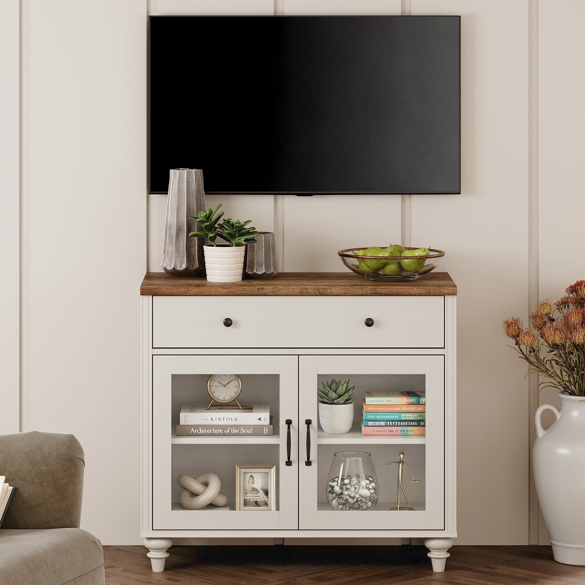 Farmhouse TV Stand For 43 Inch TV With Glass Doors And Drawer, Wood Universal TV Stand With Storage Cabinets, Entertainment Center TV Console Table For Living Room, Bedroom, White