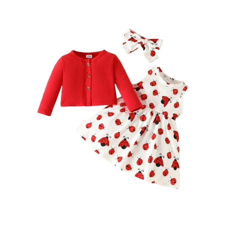 

Wassery Baby Girls Clothes 6M 9M 12M 18M 24M 3T Toddler Long Sleeve Cardigan Ladybug Print A-Line Dress Headband Set Infant Girls Casual Fall Clothes