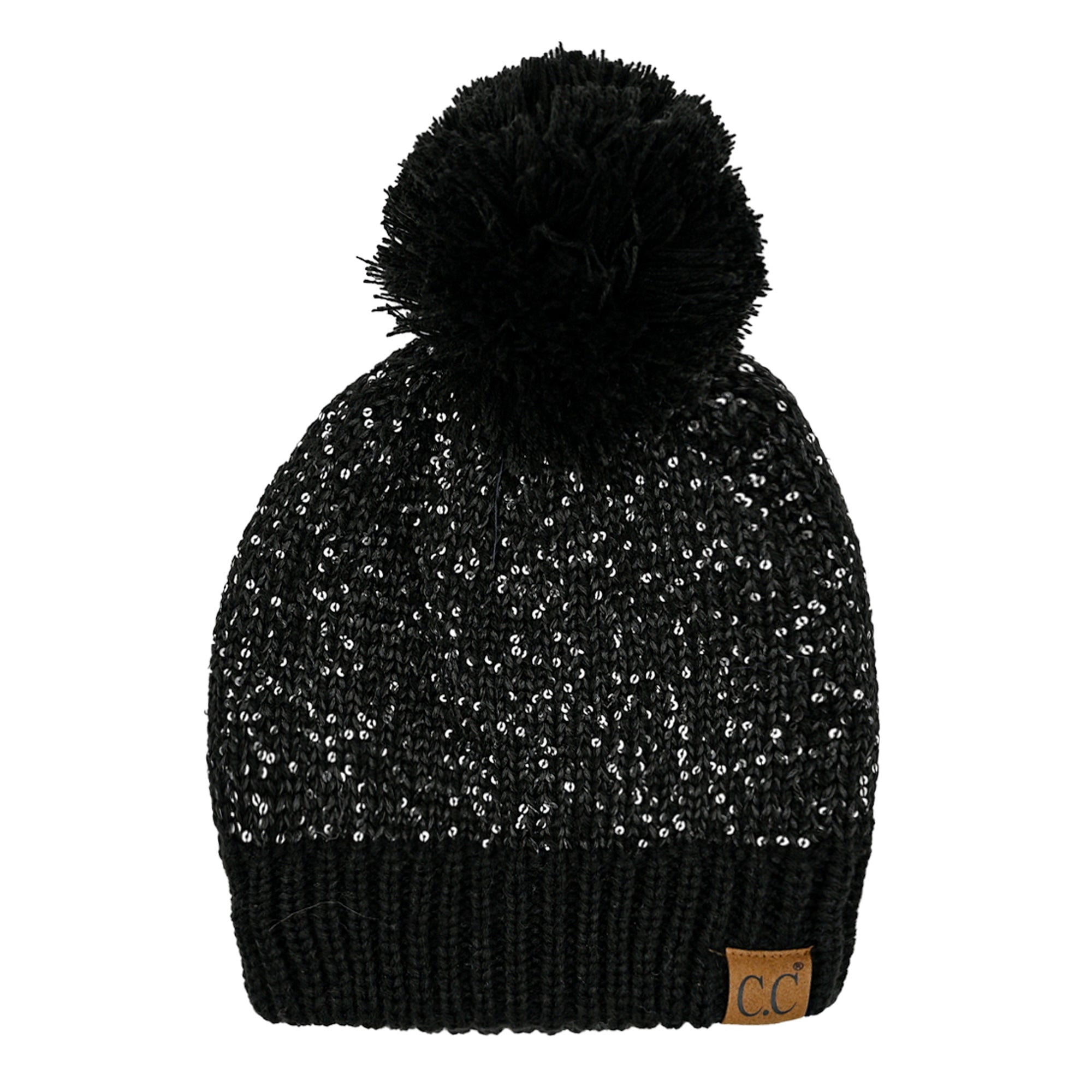 C.C Sequin Pom Winter Beanie Sparkle Cozy Warm Hat Unisex, Beige