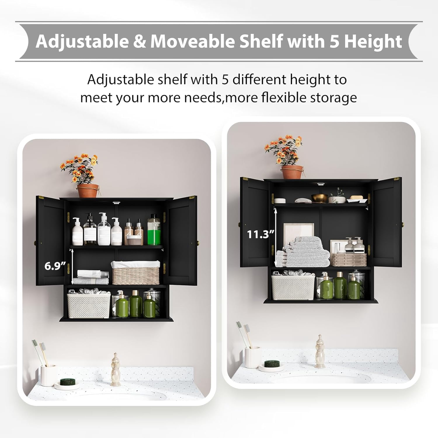 Semiocthome Bathroom Medicine Cabinet Wood 2 Doors Wall Cabinet over the Toilet Storage in Black